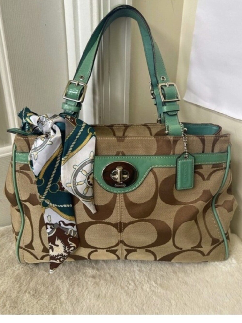 Coach Signature Hampton Canvas Satchel with Mint Leather Trim